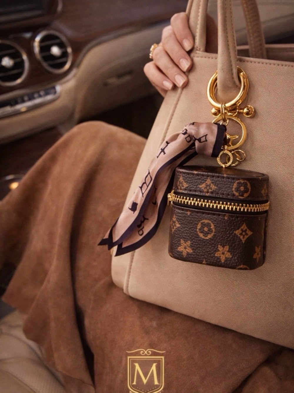 Designer Monogram Brown Vegan Leather Key & Card Holder with Gold Hardware - Picture 3 of 6